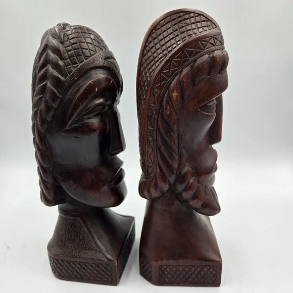 Hand Carved Wood African Tribal Woman & Man Busts 1950s-1960s Statues 9.5 VTG